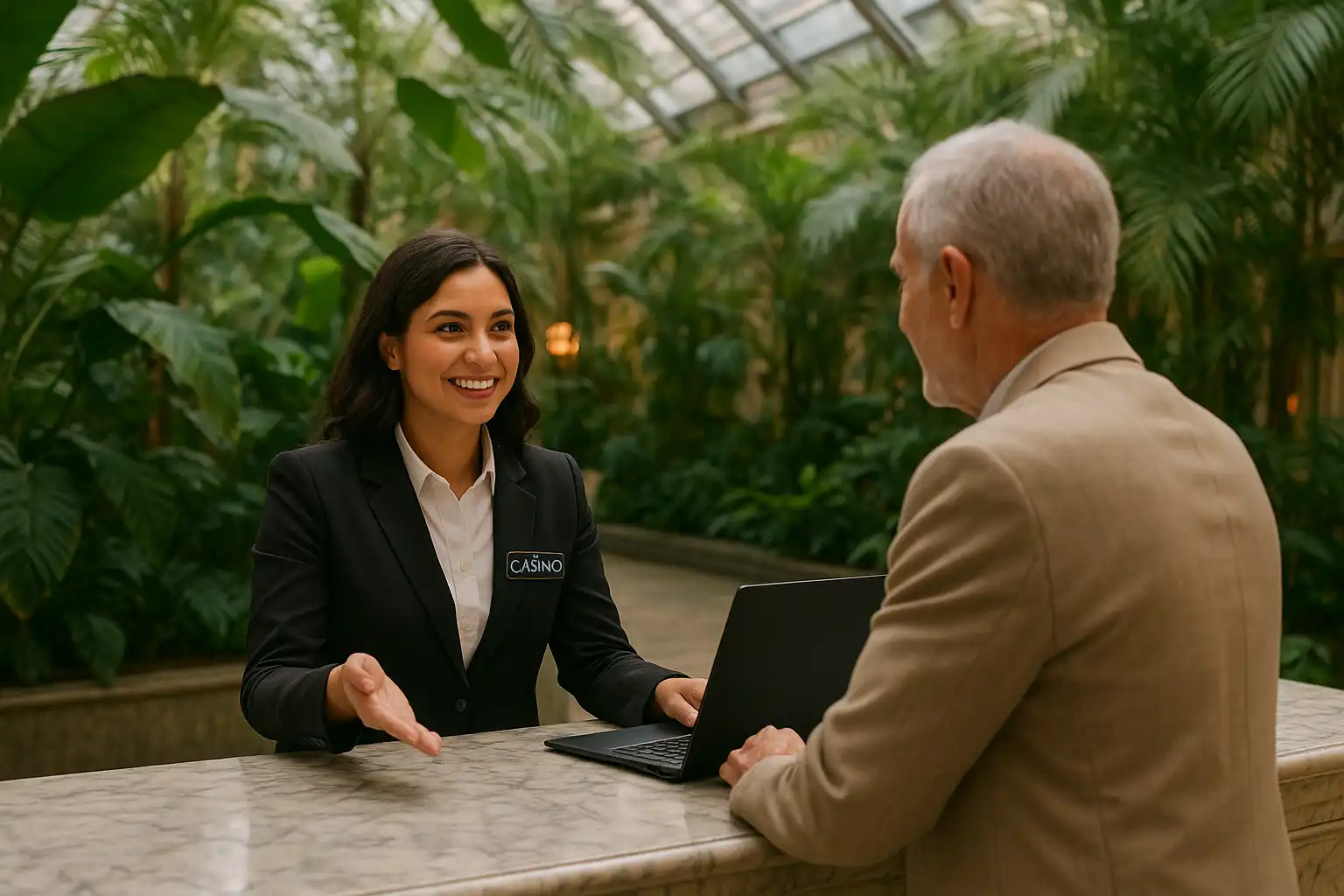 Support desk with a host assisting a player near marble columns and tropical plants